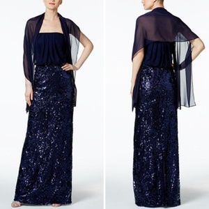 NWT Navy Chiffon Sequin Strapless Formal Long Gown